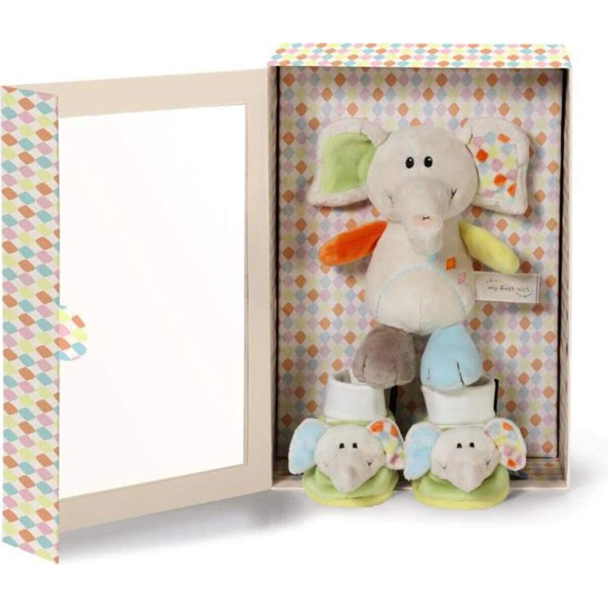 NICI My First NICI Geschenkset Babyschuhe und Schmusetier Elefant Dundi, 20cm