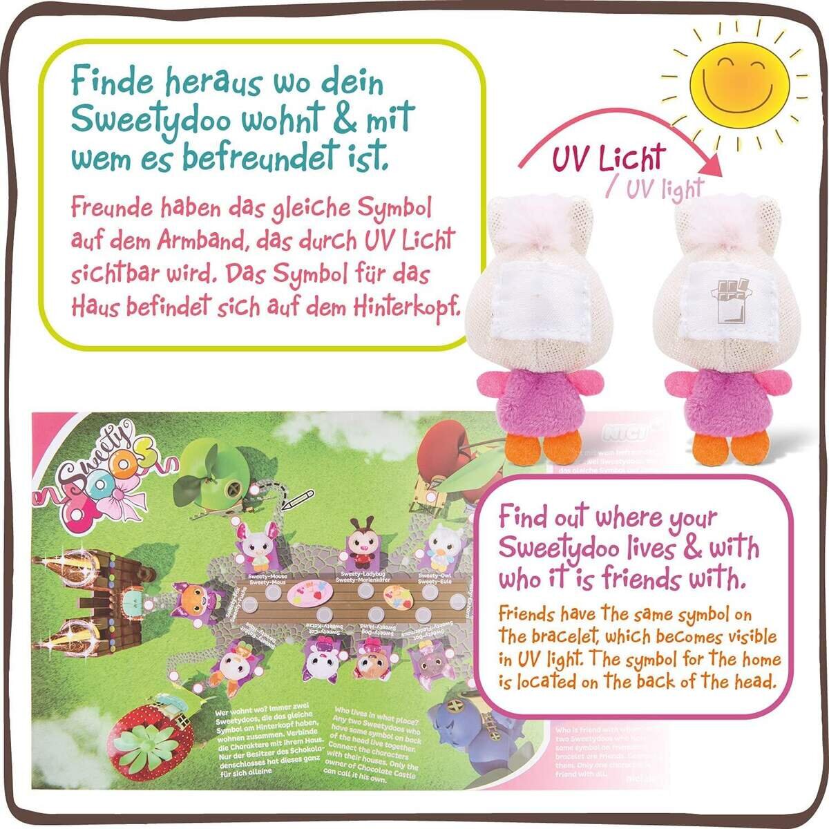 NICI Sweetydoos – Überraschungs-Kuscheltier mit UV-Effekt, Sammel-Armband & Poster, sortiert
