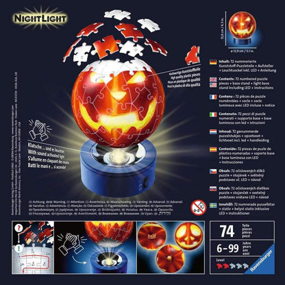 Ravensburger 3D Puzzle Kürbiskopf Nachtlicht 11253 - Puzzle-Ball - 72 Teile - für Halloween Fans