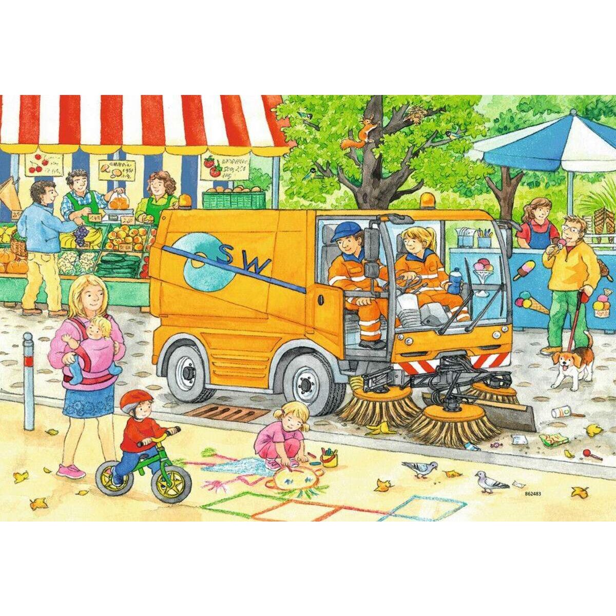 Ravensburger Puzzle Unterwegs mit Müllabfuhr und Kehrmaschine 2x12 Teile