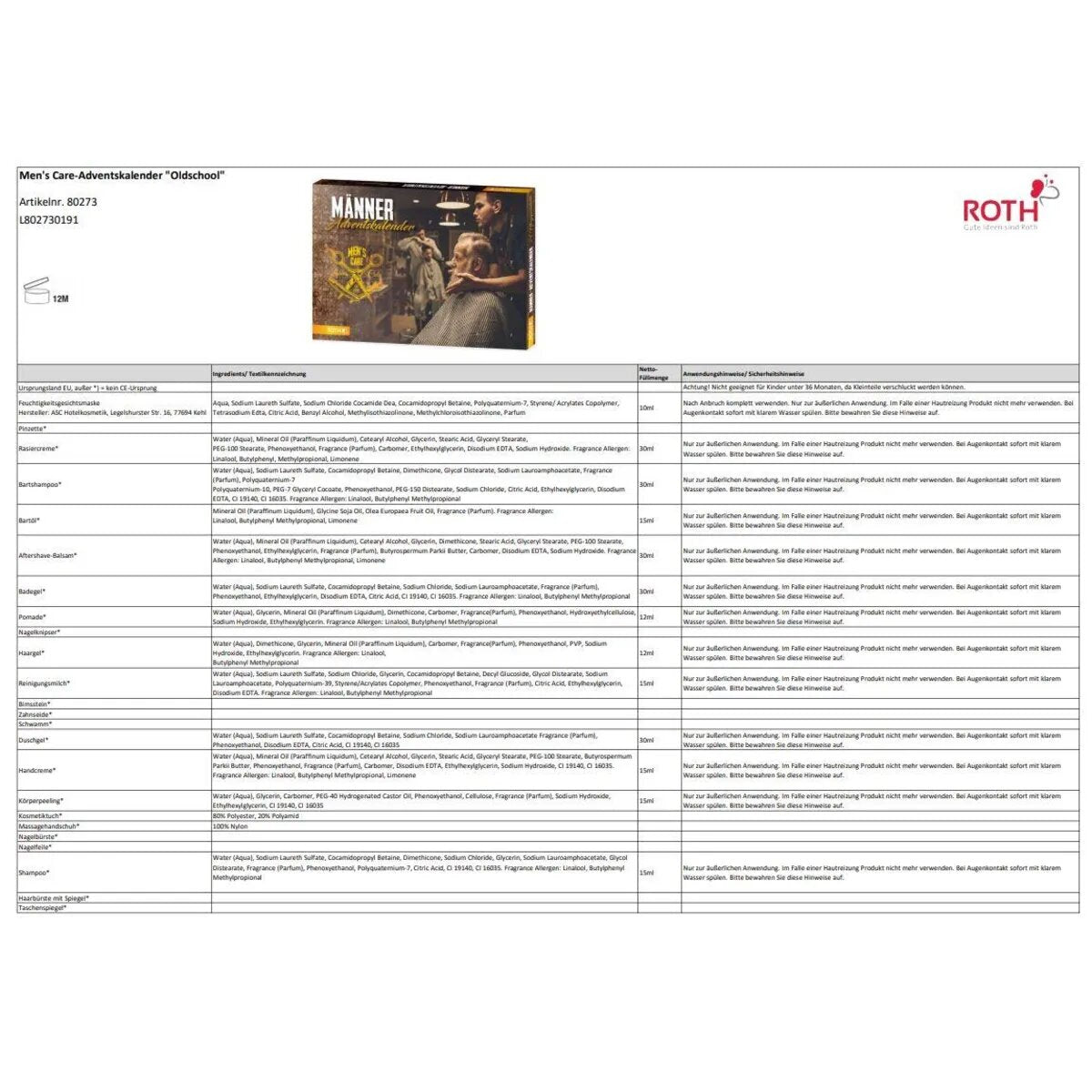 Roth Adventskalender Men's Care Oldschool, 24 Pflegeprodukte für den Mann