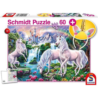 Schmidt Spiele Puzzle - Traumhafte Einhörner mit Einhorn Haarreifen, 60 Teile