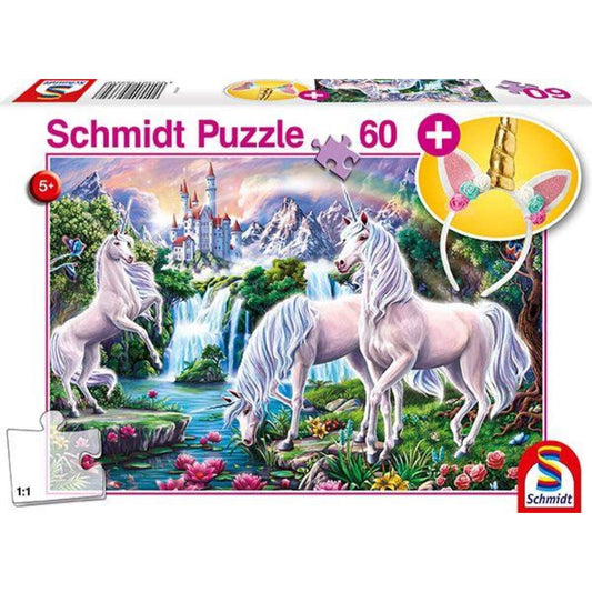 Schmidt Spiele Puzzle - Traumhafte Einhörner mit Einhorn Haarreifen, 60 Teile