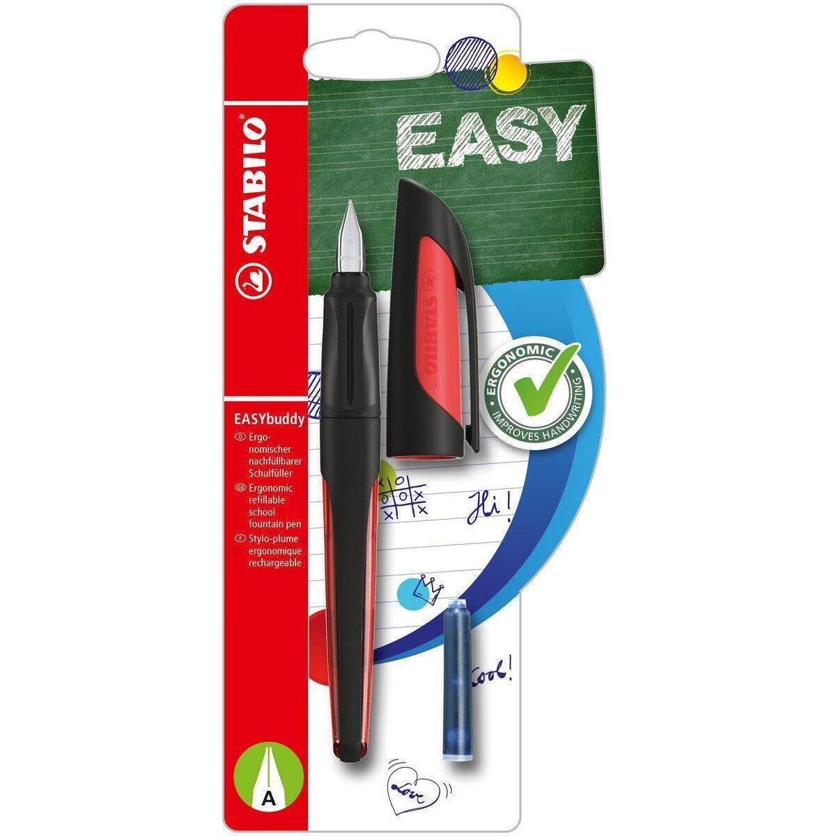 Schulfüller mit Anfänger-Feder A - STABILO EASYbuddy in schwarz/rot - Schreibfarbe blau (löschbar) - Einzelstift - inklusive Patrone