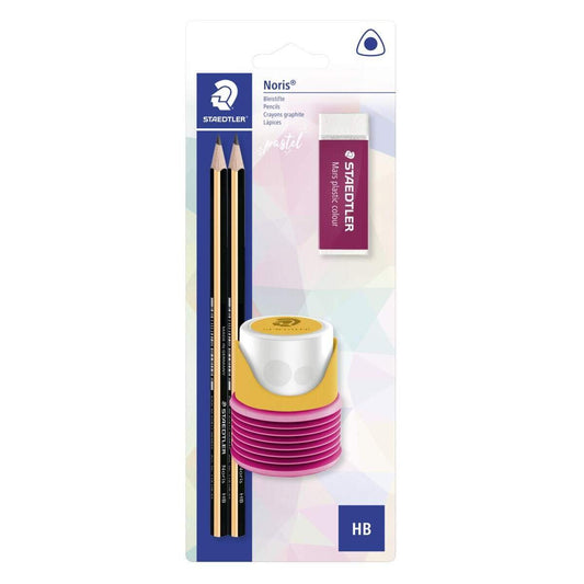 STAEDTLER® Bleistiftset Slim Pastel mit 2 Noris Bleistiften HB, 2-Loch Spitzdose und Radierer, sortiert