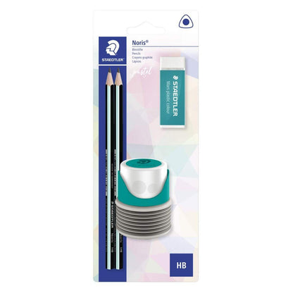 STAEDTLER® Bleistiftset Slim Pastel mit 2 Noris Bleistiften HB, 2-Loch Spitzdose und Radierer, sortiert