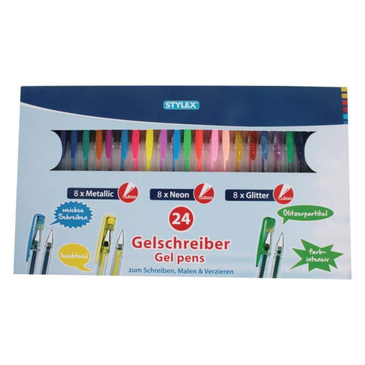 Stylex 24 Gelmalstifte je 8x Metallic, Neon, Glitter