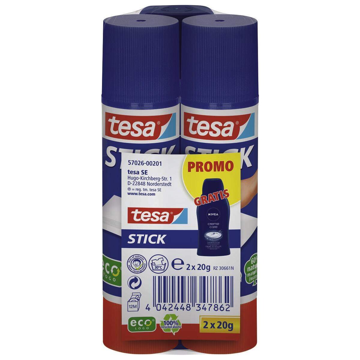 tesa ecoLogo Stick Klebestift, Aktionspack 2x 20g + Nivea Creme Care Mini