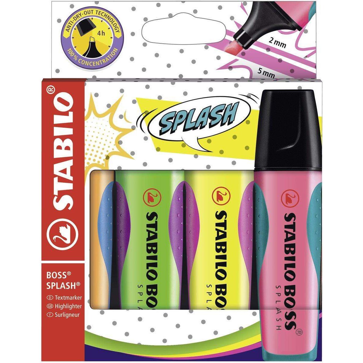 Textmarker - STABILO BOSS SPLASH - 4er Pack - gelb, orange, grün, pink