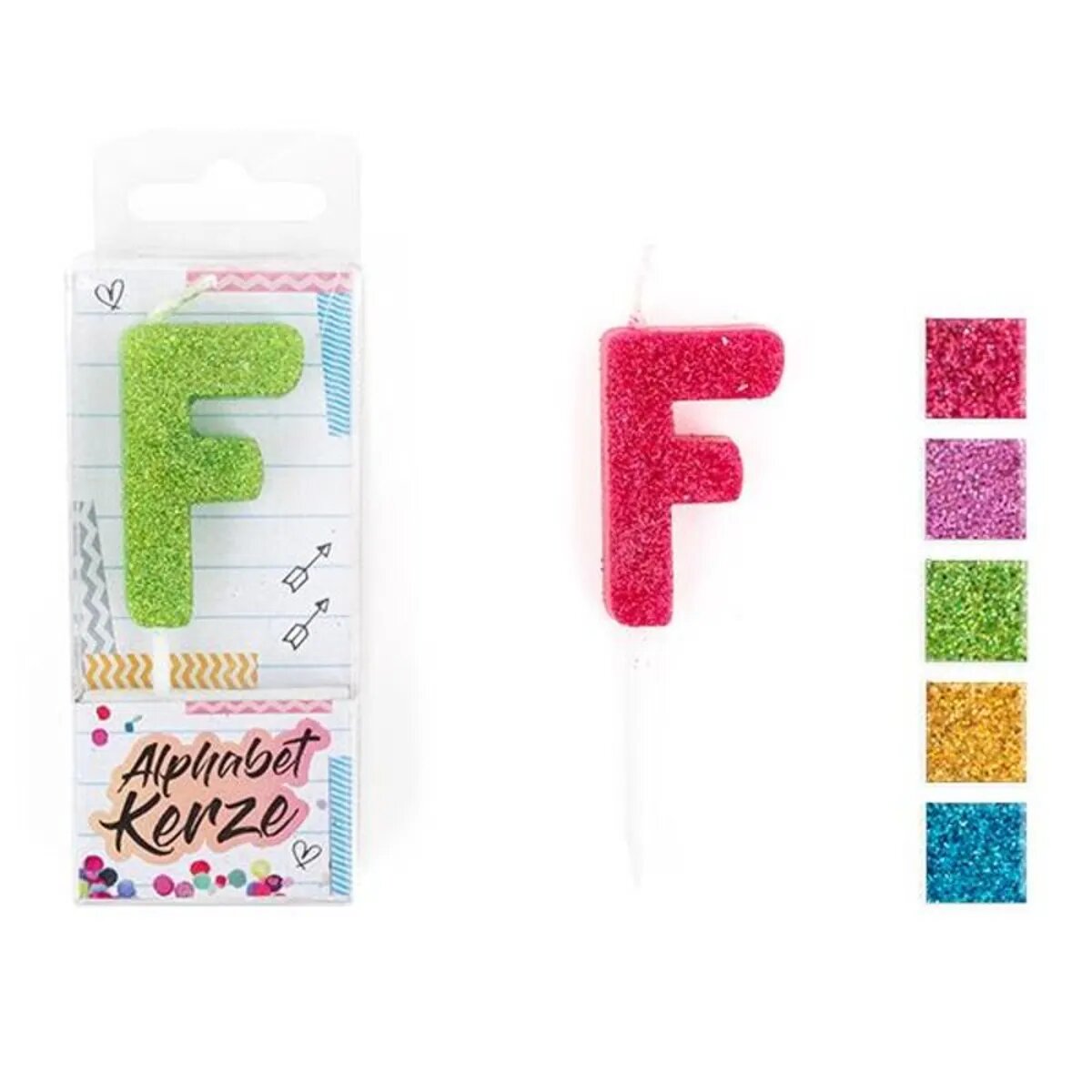 Trendhaus FESTIVAL FEELINGS Alphabet Kerze Glitzer F, 1 Stück, 5-fach sortiert
