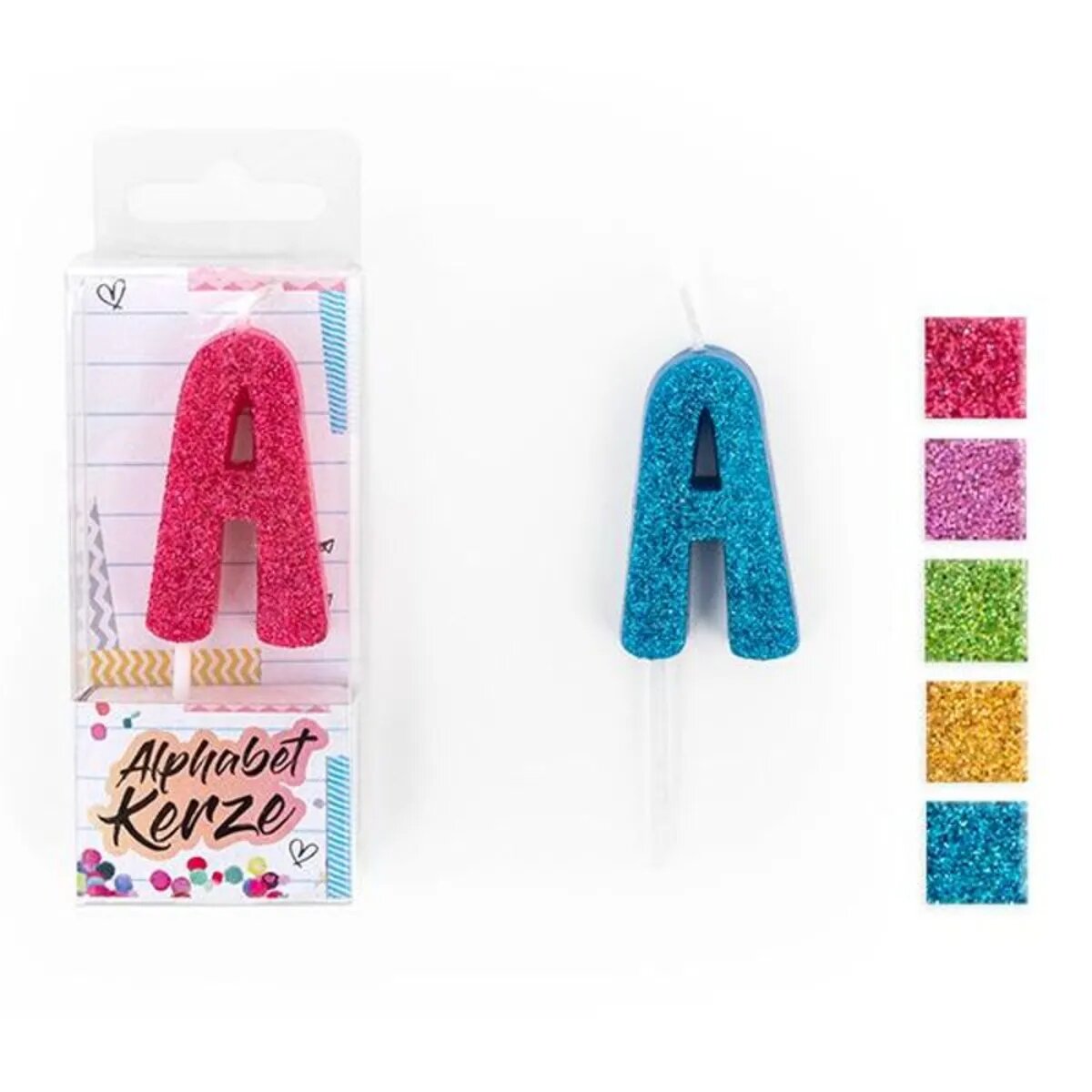 Trendhaus FESTIVAL FEELINGS Alphabet Kerze Glitzer A,1 Stück, 5-fach sortiert