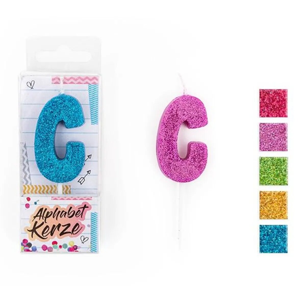 Trendhaus FESTIVAL FEELINGS Alphabet Kerze Glitzer C, 1 Stück, 5-fach sortiert