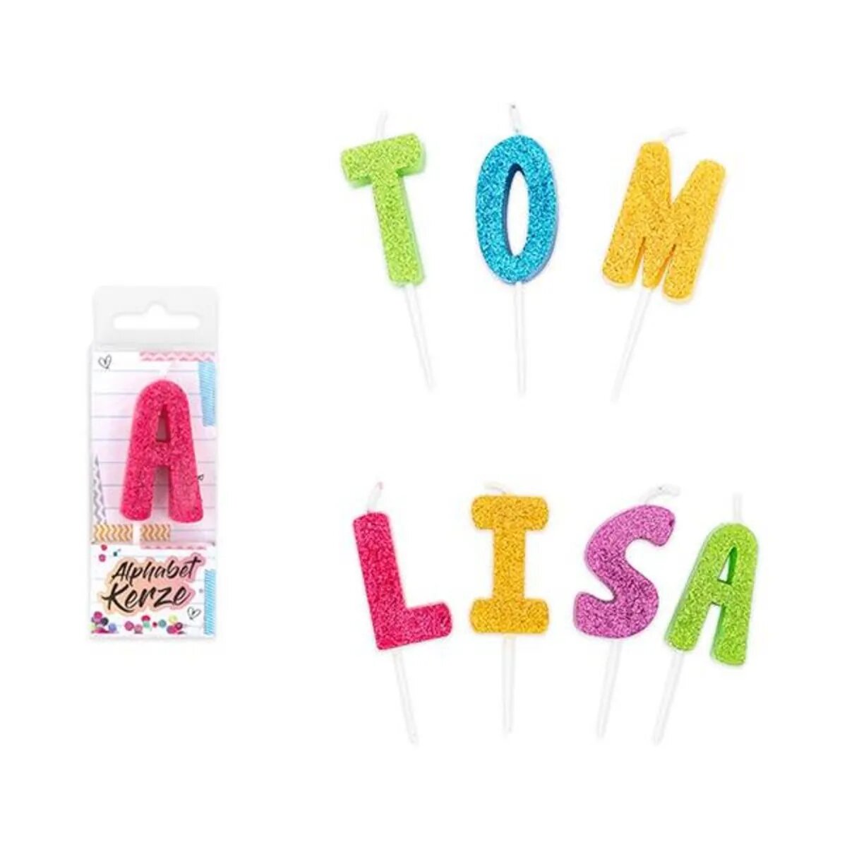 Trendhaus FESTIVAL FEELINGS Alphabet Kerzen Glitzer A-Z, 1 Stück, 5-fach sortiert