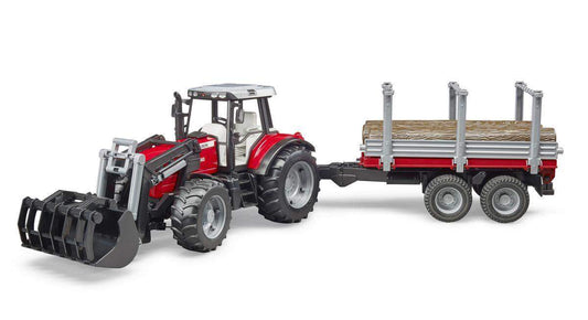 BRUDER® 2046 Massey Ferguson mit Frontlader und Holztransportanhänger und 3 Baumstämmen