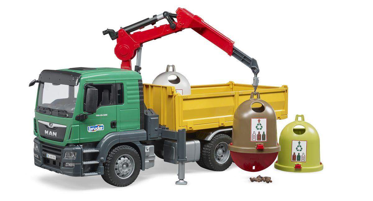 BRUDER® 3753 MAN TGS LKW mit Ladekran, 3 Altglascontainern und Flaschen