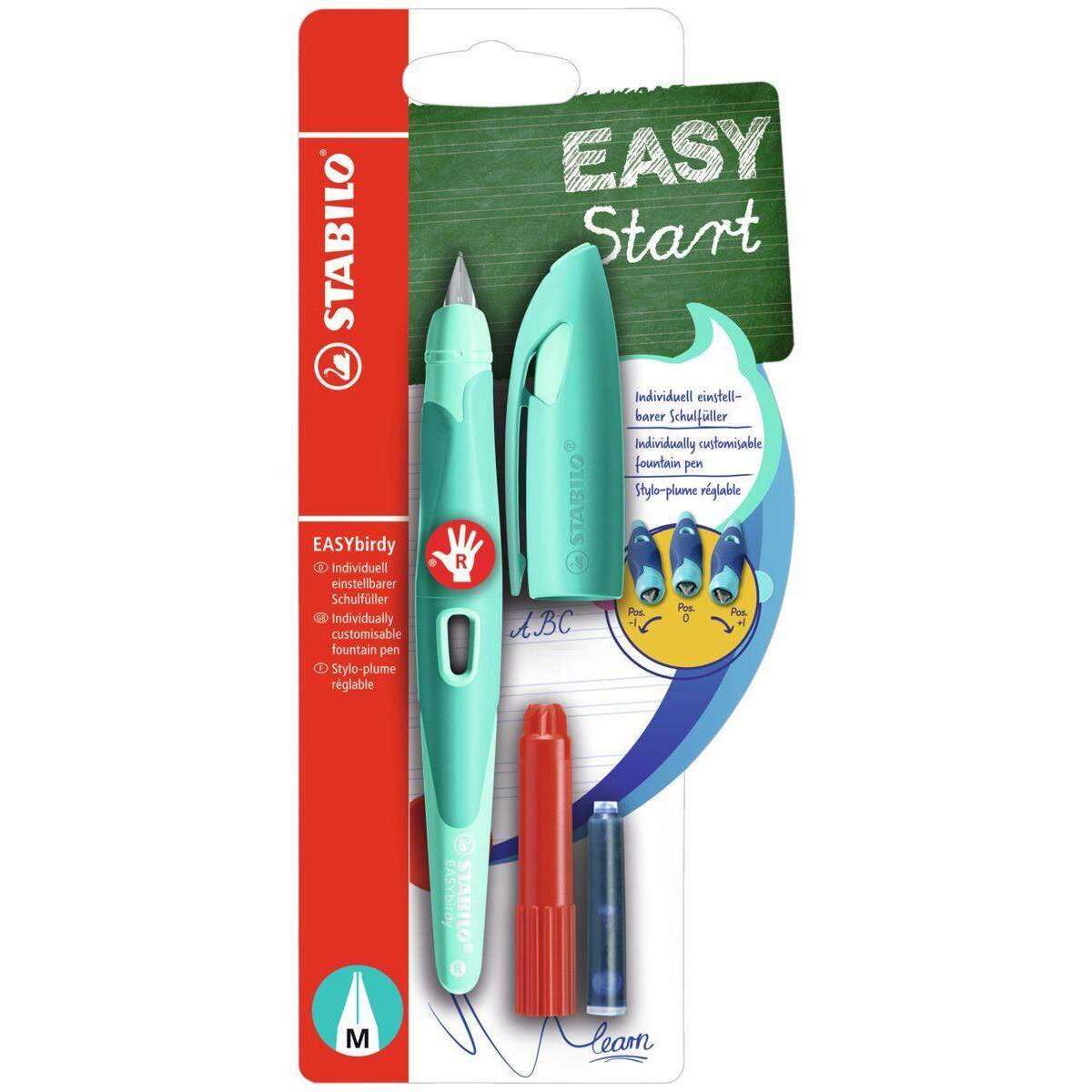 Ergonomischer Schulfüller für Rechtshänder mit Standard-Feder M - STABILO EASYbirdy Pastel Edition in aqua grün/mint - Einzelstift - inklusive Patrone und Einstellwerkzeug - Schreibfarbe blau (löschbar)