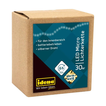 Idena 30er LED Micro-Lichterkette, warmweiß, für innen, batterieb., silberner Draht, Timer